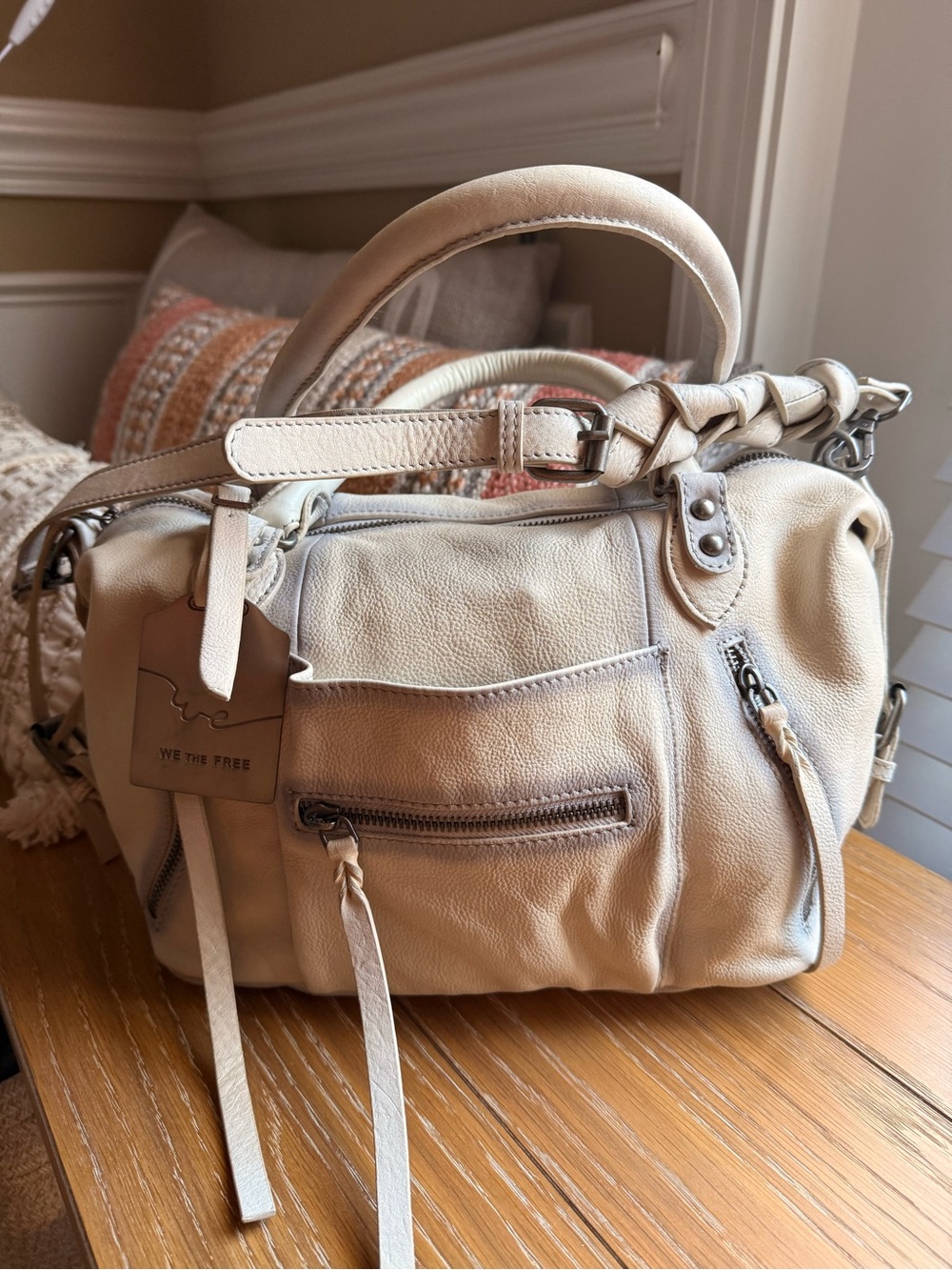We The Free Cream Leather Satchel with Braided Handle Detail